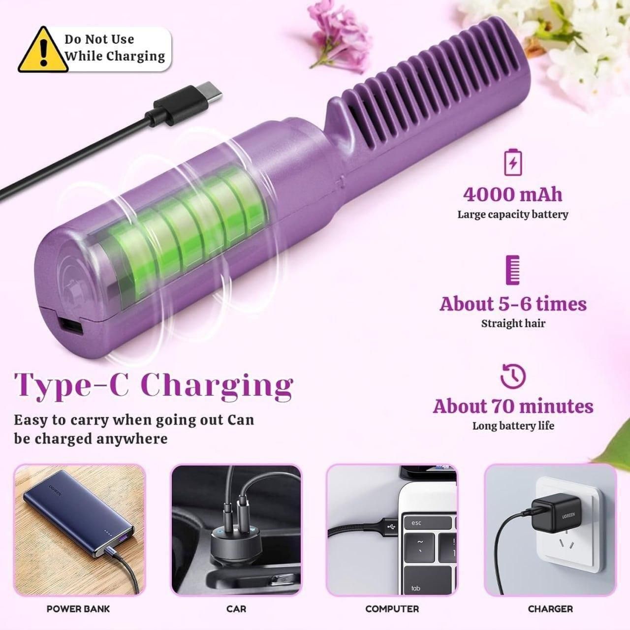 Hair Straightener Cordless Rechargeable Mini Adjustable Hot Comb